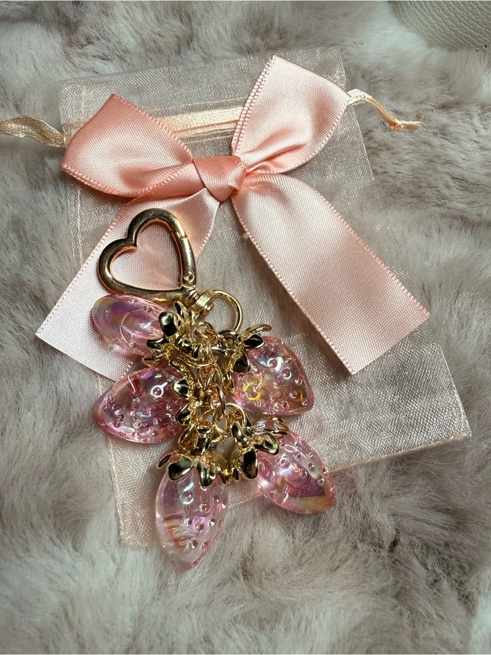 Crystal Clear Pink Bag Charm W/ 5 Strawberries Golden Trim With A Heart Clasp